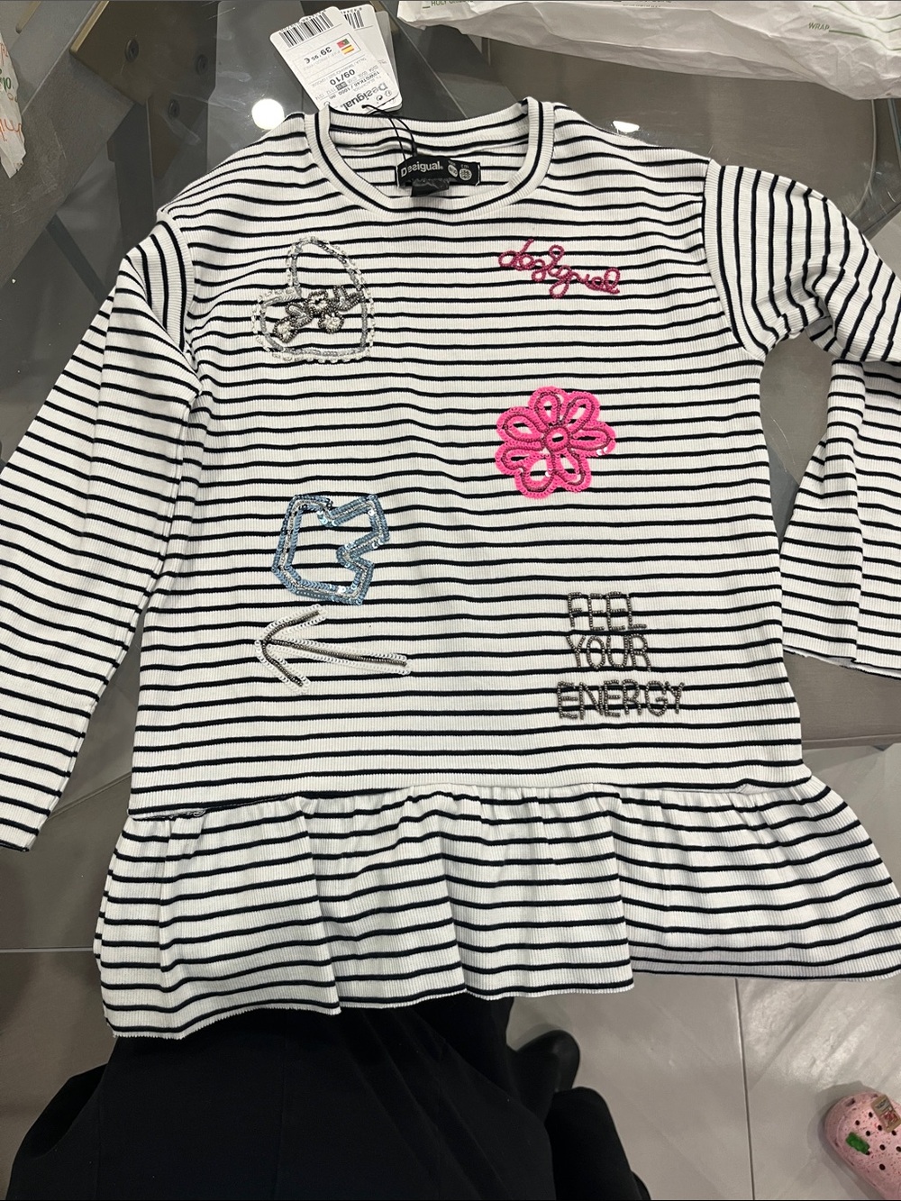 Desigual Black & White Striped Long-Sleeve Top with Pink Flower Patch